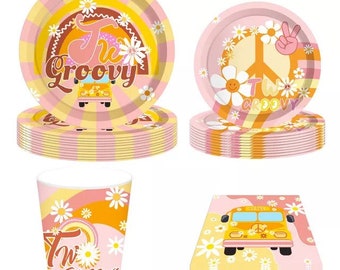 Two groovy party tableware kit retro hippie daisy peace sign bus plates cups napkins groovy 2nd birthday party decor supplies decorations