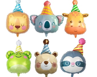 Globos de animales de aluminio: león, oso, koala, perezoso, jirafa con gorro de cumpleaños. Decoración para fiesta temática de animales o safari.
