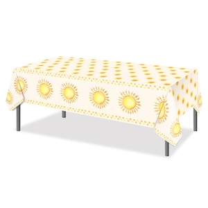 May include: White tablecloth with a yellow and orange sun pattern. The tablecloth has a dotted pattern and a border of suns.