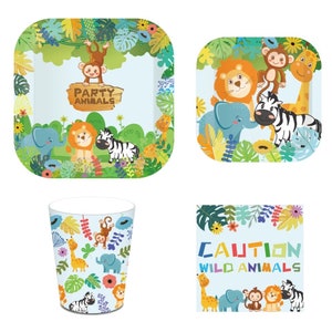 Jungle Safari Party Tableware Set: Animal Plates, Cups, Napkins