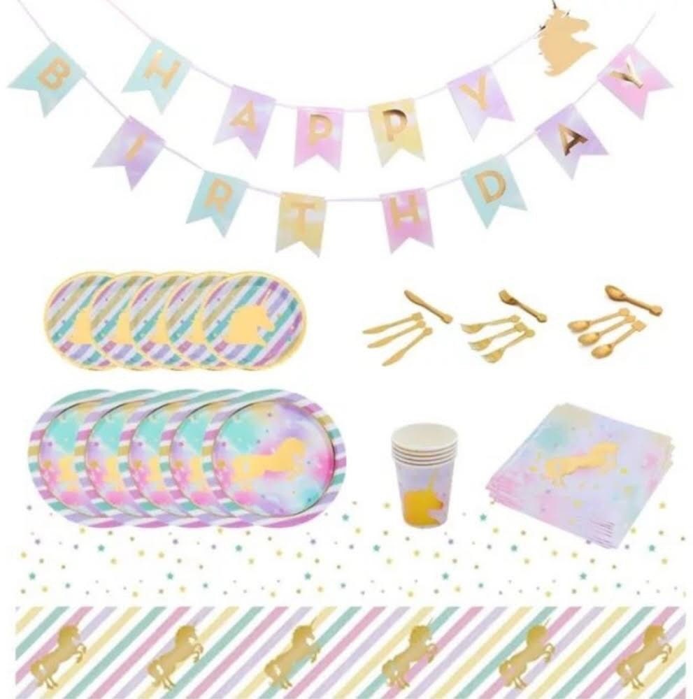 12 Guests Gold Magical Unicorn Tableware SetUnicorn Birthday DecorationsUnicorn Plates Napkins TableclothRainbow Pastel Party