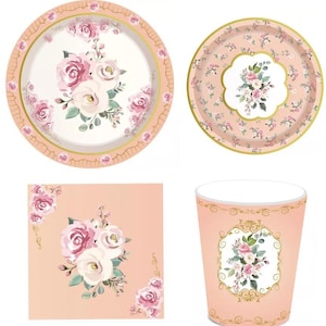 Vintage floral party Tableware set,tea party table decor,disposable plates cups and napkins,birthday decor,shower decorations