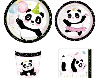 Panda Birthday Party Tableware Set, Panda Plates Cups & Napkins, Pastel Pink Panda Theme Baby Girls Party