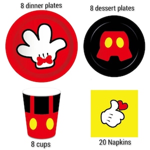 May include: Mickey Mouse themed party supplies, including 8 red dinner plates with a white glove design, 8 black dessert plates with a red Mickey Mouse shorts design, 8 red cups with a black Mickey Mouse shorts design, and 20 yellow napkins with a white glove design and a red heart.