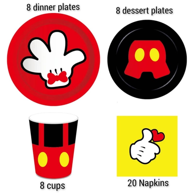 May include: Mickey Mouse themed party supplies, including 8 red dinner plates with a white glove design, 8 black dessert plates with a red Mickey Mouse shorts design, 8 red cups with a black Mickey Mouse shorts design, and 20 yellow napkins with a white glove design and a red heart.