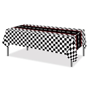 May include: A rectangular tablecloth with a black and white checkered pattern. A black road design with white dashed lines and a red center stripe runs down the center. The tablecloth is supported by four silver legs.