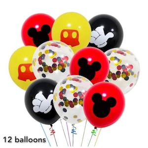 May include: A set of 12 Mickey Mouse themed balloons. The balloons are red, yellow, black, and clear with confetti. Some balloons have Mickey Mouse ears, a hand, or a red and yellow design.