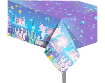 Mermaid Party Tablecloth, Ocean Theme Party Supplies, Girls Birthday Decor (52" x 87")