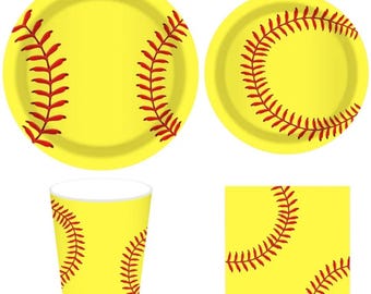 Softball Party Tableware Set, Yellow Softball Plates Cups Napkins, Girls Sports Birthday Decorations, Team Party Decor, Softball Theme Party