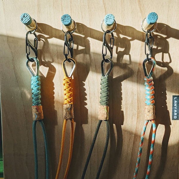 Nœud tibétain paracord premium | Finition liège écologique |végétalien| Porte-clés d'identité pour porte-badge avec clip en S | Lanière pour professeur | Promenade de chien|Bureau