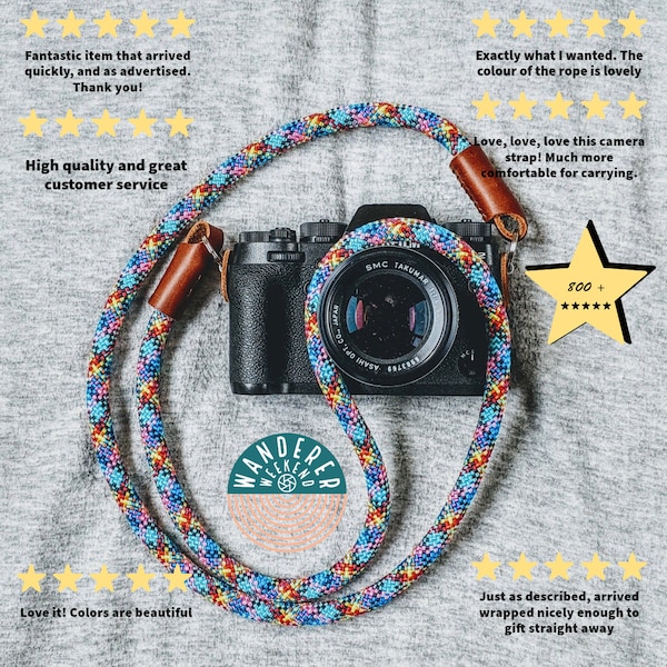 Rope Camera Strap - Retro + Classic Colors,Custom Lengths for Vintage Style camera & modern DSLR + Mirrorless Cameras - made in the uk