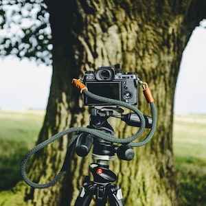 Op de afbeelding: Een zwarte camera met een lens en een band is gemonteerd op een statief met een groene band. De camera is geplaatst voor een grote boomstam.