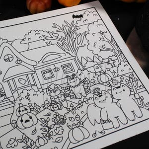 May include: Black and white Halloween-themed coloring page featuring a house, graveyard, and cartoon cats in costumes. Pumpkins, trees, and a bat are also included in the illustration.