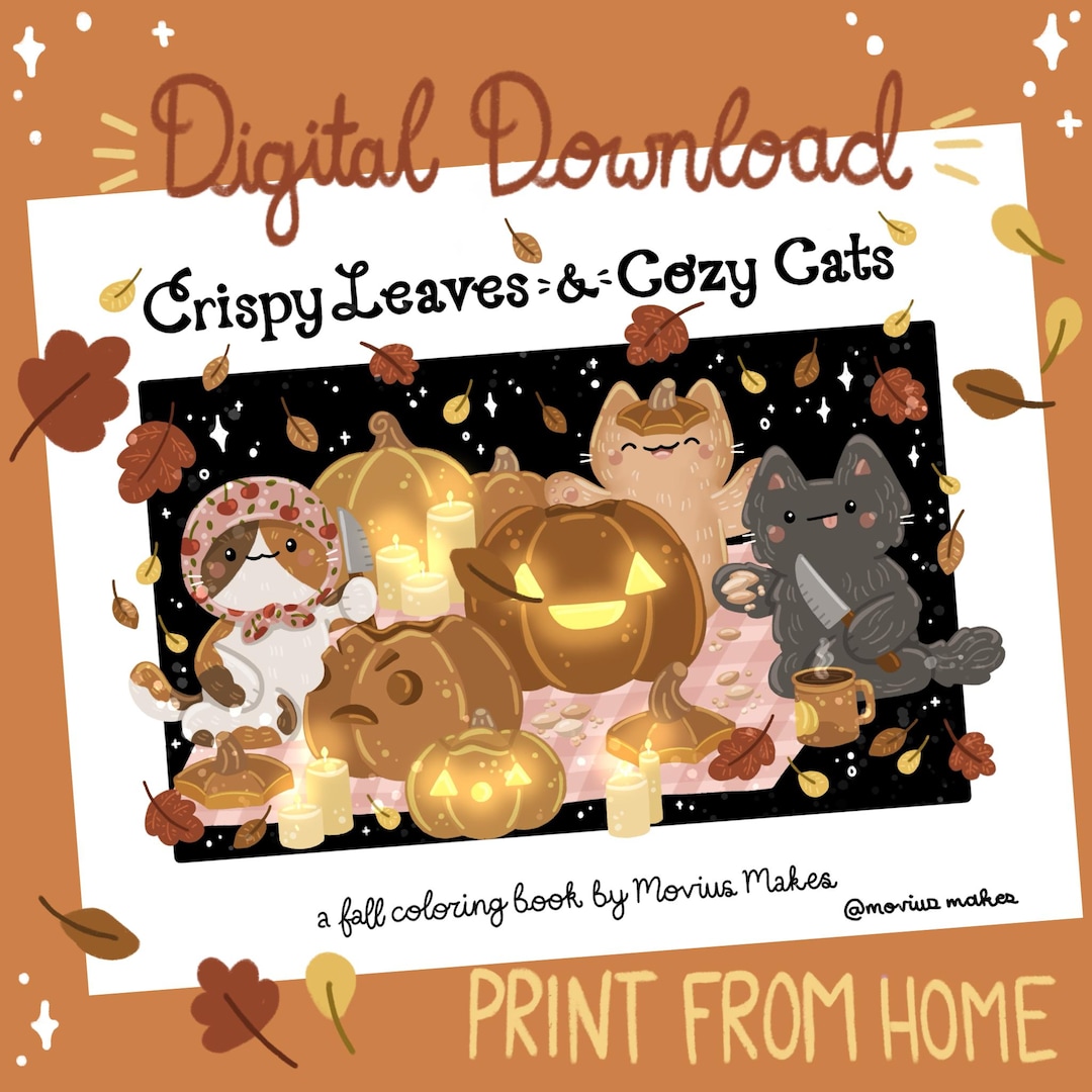 Fall Themed Cat Coloring Pages | Crispy Leaves & Cozy Cats (digital ...