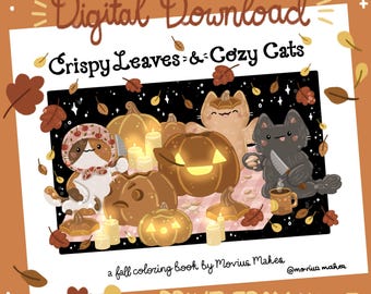 Fall Themed Cat Coloring Pages | Crispy Leaves & Cozy Cats (Digital Download)