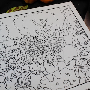 May include: Black and white illustration of a pumpkin patch scene with cartoon cats. The scene includes pumpkins, a scarecrow, and a sign that says "$2 Pumpkins". The image is a coloring book page.
