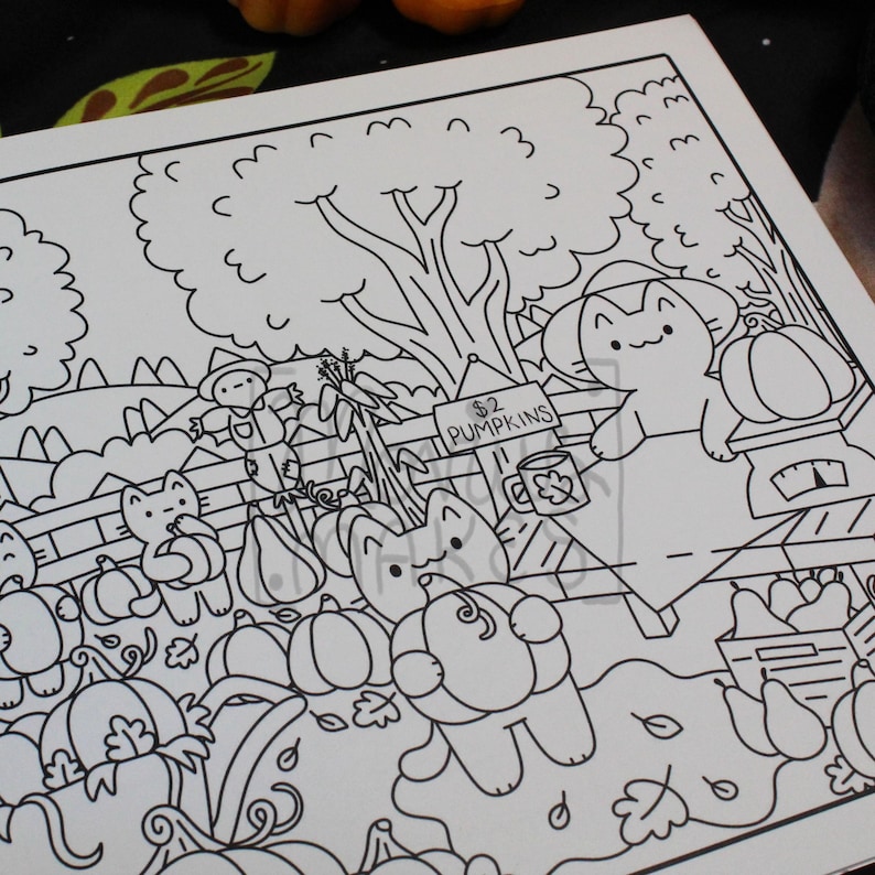 May include: Black and white illustration of a pumpkin patch scene with cartoon cats. The scene includes pumpkins, a scarecrow, and a sign that says "$2 Pumpkins". The image is a coloring book page.