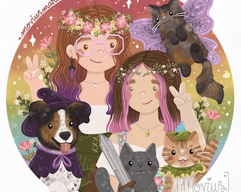 Custom Family Portrait-DIGITAL ONLY-Illustrated Family Portrait-Pet Portrait-Personalized Art-Customized Gift-Mothers Day Gift