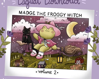 Madge the Froggy Witch VOLUME 2-Coloring Pages-Digital Download-Print From Home-Witchy Coloring Pages-Frog Coloring Pages