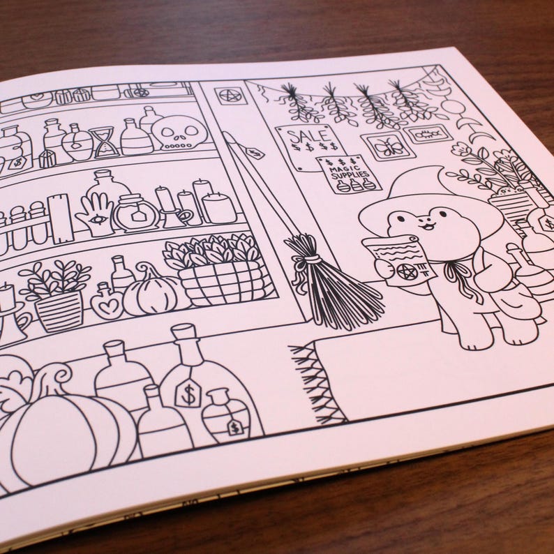 May include: A black and white line drawing of a witch's shop with shelves full of potions, herbs, and other magical supplies. A witch with a pointed hat and a broom is standing in front of the shop, holding a scroll with a pentagram on it. The text on the sign above the shop reads "Magic Supplies".