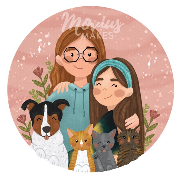 Custom Family Portrait- Illustrated Family Portrait-Pet Portrait-Personalized Art-Customized Gift-Mothers Day Gift-Digital Download