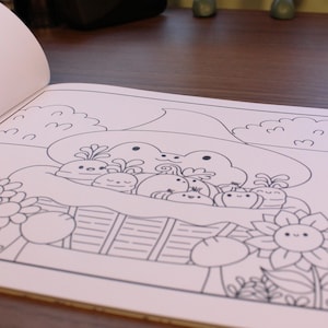 May include: A black and white line drawing of a mushroom with a smiling face. The mushroom is filled with smaller mushrooms with smiling faces. The mushroom is surrounded by flowers and leaves.