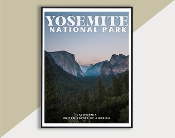 May include: A framed vertical poster featuring a landscape photograph of Yosemite National Park. The text YOSEMITE NATIONAL PARK appears in large white letters at the top, with CALIFORNIA UNITED STATES OF AMERICA printed in smaller text at the bottom.