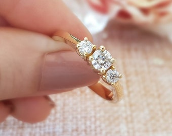 Round Diamond 3 Stones Simple Engagement Ring, Round  Diamond,Wedding Gold Diamond Ring,14k gold ring,propose ring,Gift for her