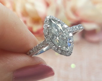 1.36 Carat Marquise Diamond Halo Ring, 14k Gold Engagement Ring