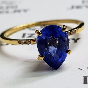 Blue sapphire & diamonds ring,14k gold engagement ring,2.11 carat diamond ring,gift for her,blue sapphire pear  ring,handmade jewelry