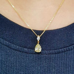 1.74 ct Diamonds Pendant Necklace , 18k Gold Pear Diamond Pendant , Yellow Real Diamond Jewelry  , Gift For Her , 2 Diamonds Necklace