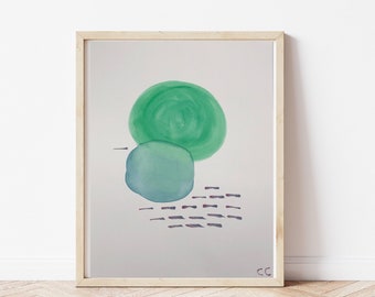 Green Abstract Circle Watercolor Painting: Minimalist Earth Art (9x12 inch)