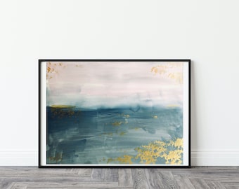 SALE | Stormy Ocean Scape | Abstract Landscape | Gold Pink Blue Landscape | Coastal minimalist art | Watercolor landscape painting