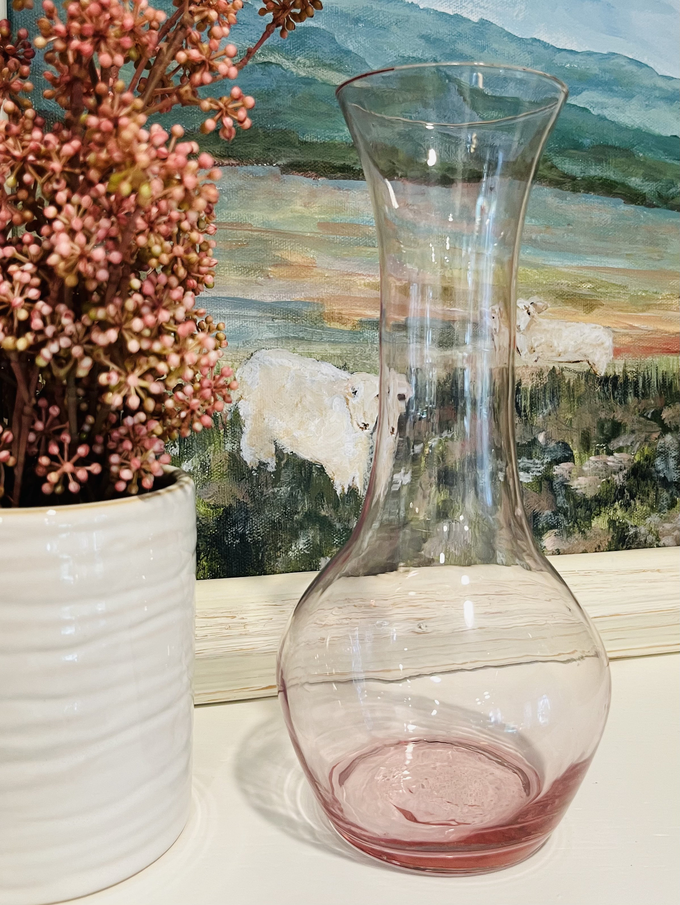 Vintage Pink Glass Carafe Art Glass Vase With Long Neck