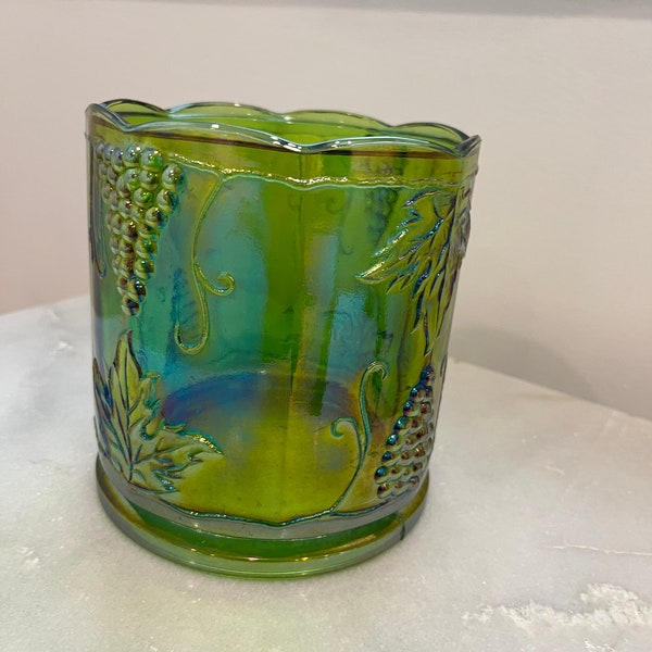 Indiana carnival glass Iridescent canister, green iridescent carnival glass, Indiana Glass Vase, Carnival glass wide vase, fruit, grapes