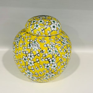 Ginger Jar | chinoiserie MCM jar with lid, yellow cherry blossom | MCM Jar | Mid Century Ginger Jar