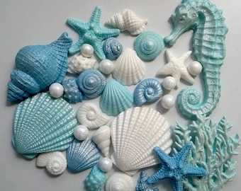 30 décorations de gâteau comestibles de coquillages de sirène, décorations de fondant faites main