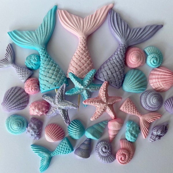 Edible Mermaid Tail, Seashells, Starfish, Sea Sugar paste, Cake Cupcake Decorations, Handmade, Shimmer  Vegan