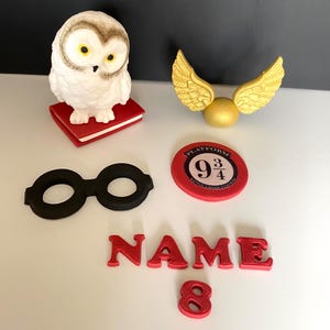 Handmade Wizard Theme Fondant Cake Toppers: Owl, Snitch, Wand