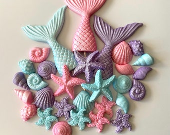 Edible Mermaid Tail, Seashells, Starfish, Sea Sugar paste, Cake Cupcake Decorations, Handmade, Shimmer  Vegan