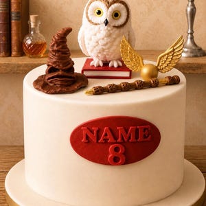 Handmade  Magical Wizard Theme Owl Snitch Glasses Wand Cake Decoration Fondant Personalised Sugar Paste