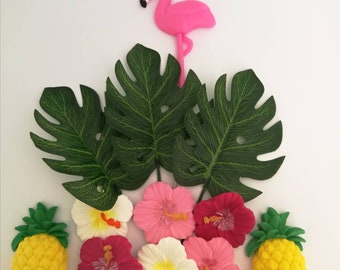 Pink Flamingo Tropical Flowers Pineapple Leaves  Cake Topper, Edible Sugar Fondant Cake Handmade Decorations, Tropical Holiday Beach Party