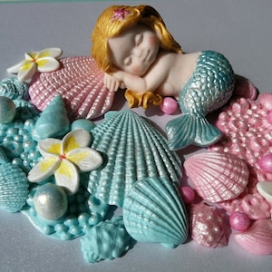 Fondant Mermaid, Fish Tails, Seashells, Coral, Plumeria Flower, Sea Pearls, Blonde hair girl, Cake Decoration, Birthday Topper  Vegan