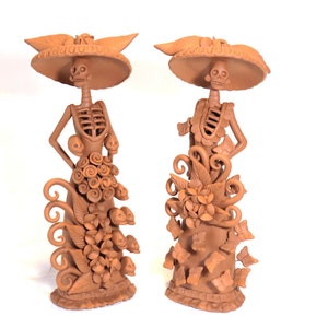 The sister Catrinas in natural clay orange color - 30 cm. 12 in.