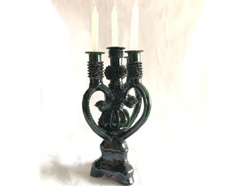 Glazed clay candlestick - 4 candles - Green and blue model - Tangancicuaro - 45 cm. 18in.