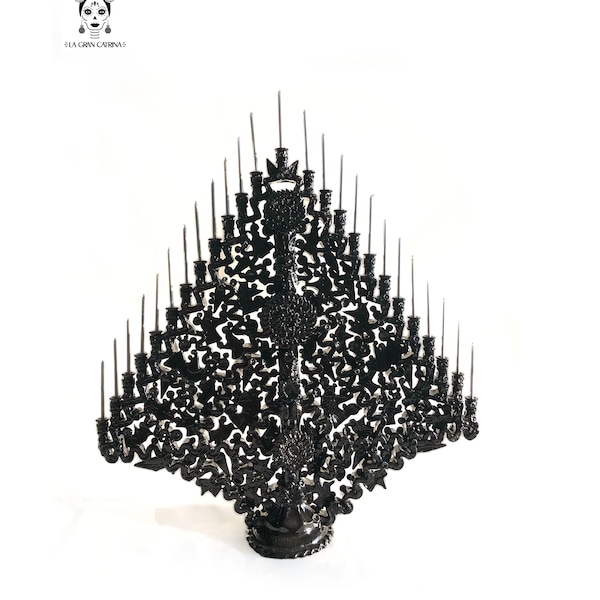 Glazed clay candlestick - 25 candles - Black color - Santa Fe de la Laguna - 63 cm. 25 in.