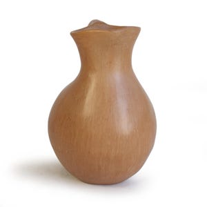 Puede incluir: Un jarrón de cerámica marrón claro con un cuerpo redondeado y un cuello acampanado y texturizado. El jarrón tiene un acabado liso y mate y una forma única y orgánica. Es un artículo decorativo.