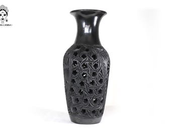 Handgefertigte Vase aus schwarzem Ton „Feuer“, 44 cm, 17,3 Zoll – mexikanische Kunst