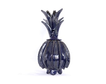 Glazed Clay Pineapple from Michoacan - Blue biznaga - 40 cm. 16 in.