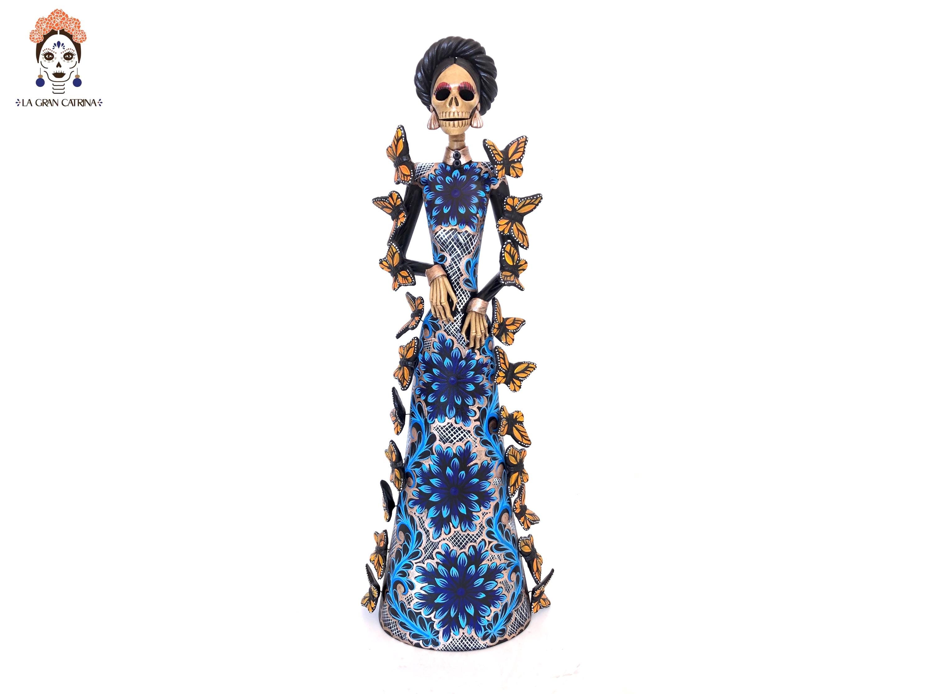 Catrina with blue dress and Monarch butterflies - 50 cm. 20 in. - Mexican craft